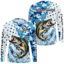 Load image into Gallery viewer, Blue Camo American Flag Bass Fishing Custom Long Sleeve Fishing Shirts Personalized Bass Fishing Gifts NQS9647