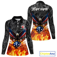 Load image into Gallery viewer, Black &amp; Orange Flame American Flag Eagle Bowling Shirt For Women Custom Patriotic Bowling Team Jersey NQS11722
