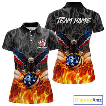 Load image into Gallery viewer, Black &amp; Orange Flame American Flag Eagle Bowling Shirt For Women Custom Patriotic Bowling Team Jersey NQS11722