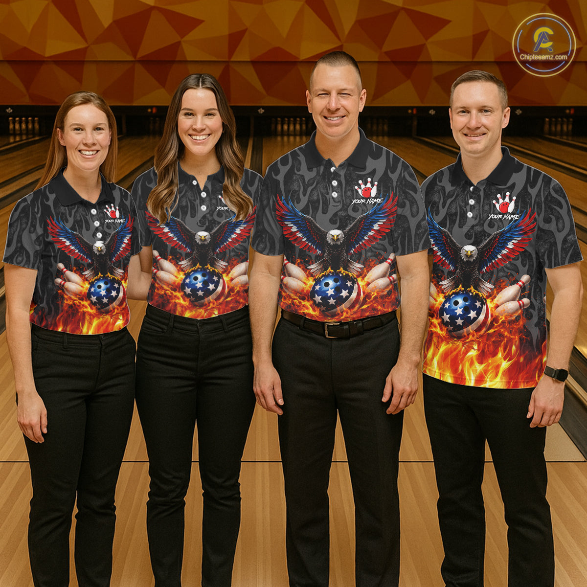 Black & Orange Flame American Flag Eagle Bowling Shirt For Women Custom Patriotic Bowling Team Jersey NQS11722