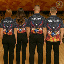 Load image into Gallery viewer, Black &amp; Orange Flame American Flag Eagle Bowling Shirt For Women Custom Patriotic Bowling Team Jersey NQS11722