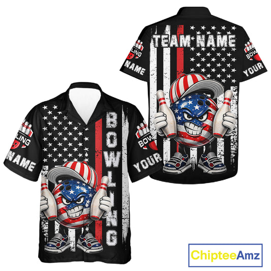 Black American Flag Funny Bowling Button-up Shirt Custom Patriotic Hawaiian Bowling Team Jersey NQS11723