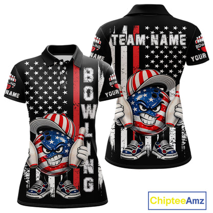 Black American Flag Funny Bowling Polo, 1/4 Zip Shirt For Women Custom Patriotic Bowling Team Jersey NQS11723