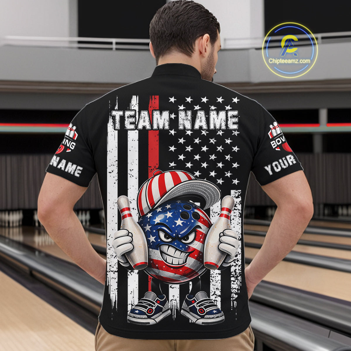 Black American Flag Funny Bowling Polo, 1/4 Zip Shirt For Men Custom Patriotic Bowling Team Jersey NQS11723