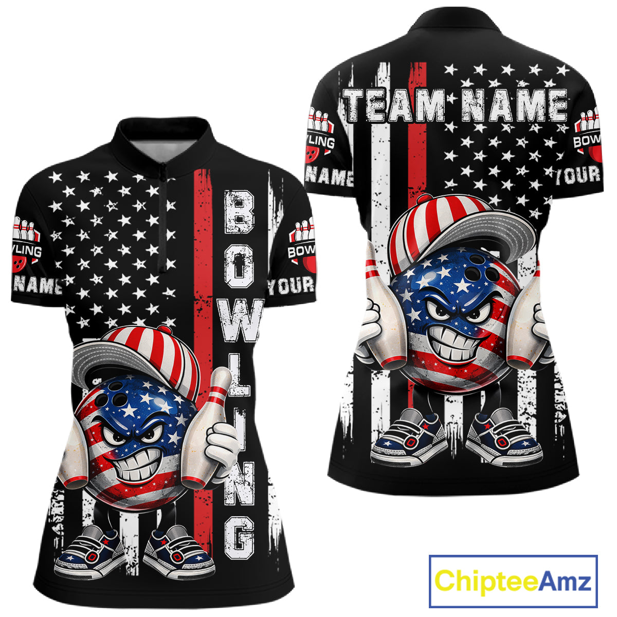 Black American Flag Funny Bowling Polo, 1/4 Zip Shirt For Women Custom Patriotic Bowling Team Jersey NQS11723