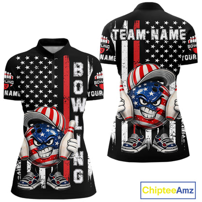Black American Flag Funny Bowling Polo, 1/4 Zip Shirt For Women Custom Patriotic Bowling Team Jersey NQS11723