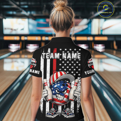Black American Flag Funny Bowling Polo, 1/4 Zip Shirt For Women Custom Patriotic Bowling Team Jersey NQS11723