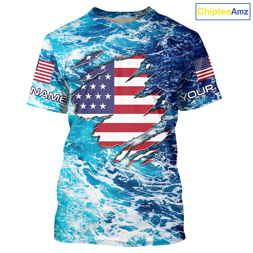 Blue sea wave ocean camo American flag patriot shirt Custom sun protection fishing long sleeve shirts NQS5429