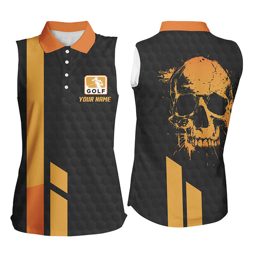 Black and yellow Women sleeveless golf polos shirts custom skull golf top, golf outfits for ladies NQS7595
