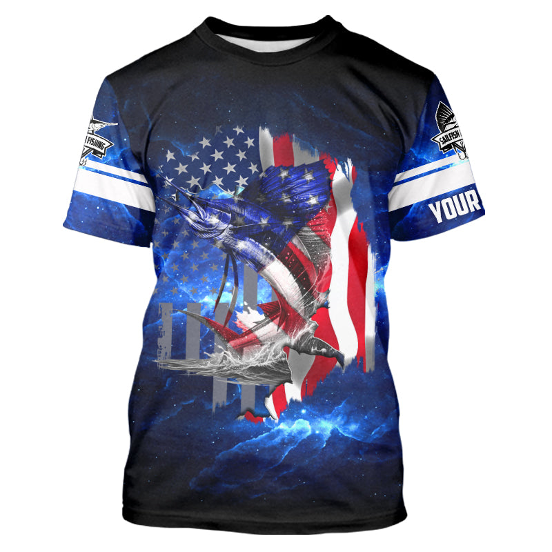 Sailfish Fishing American Flag Patriot blue galaxy Custom Sailfish fishing shirts personalized gift NQS431