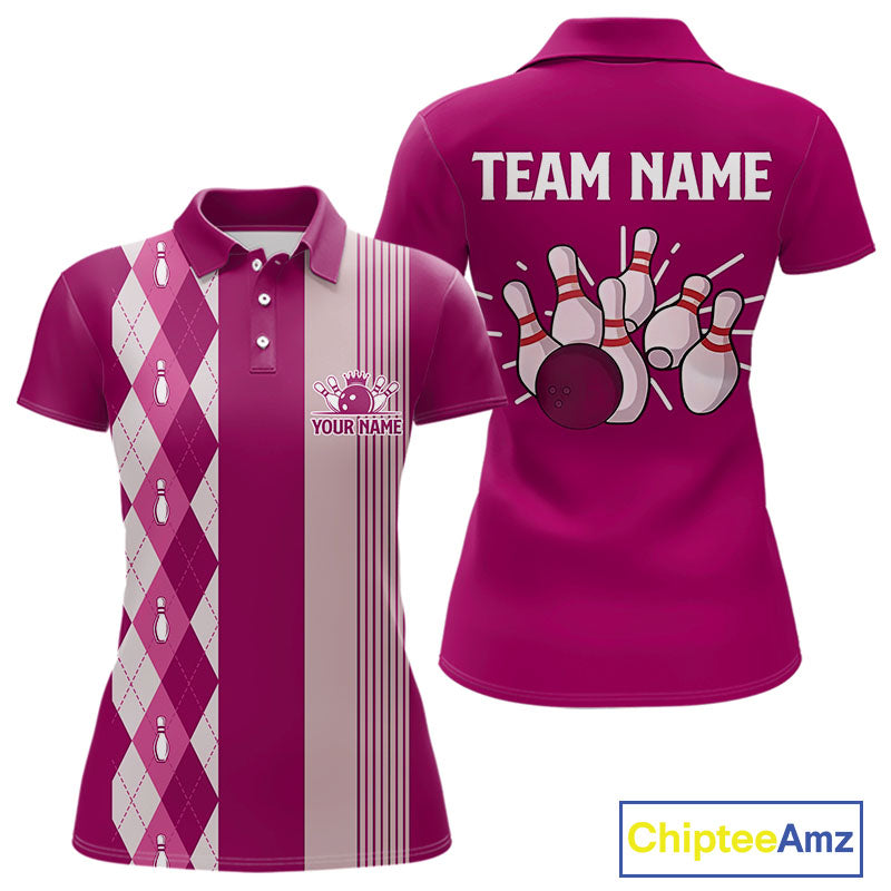 Retro Pink argyle pattern Bowling shirts For Women custom bowling team jerseys Bowler Outfits NQS10403