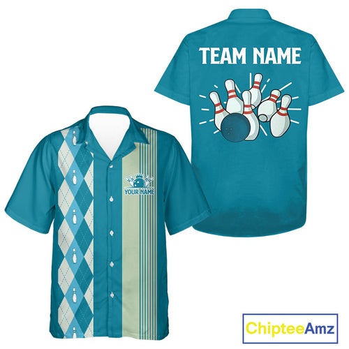 Retro Cyan Blue argyle pattern Bowling Hawaiian shirt custom bowling team jerseys Bowler Outfits NQS10404