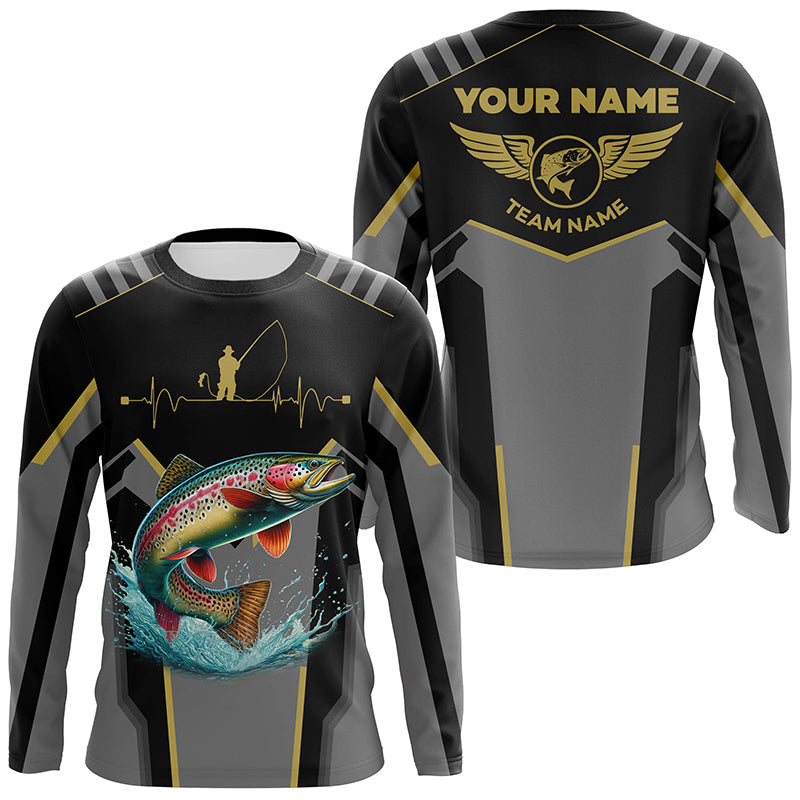 Personalized Black Rainbow trout Fishing jersey, Team trout Fishing Long Sleeve tournament shirts NQS6319