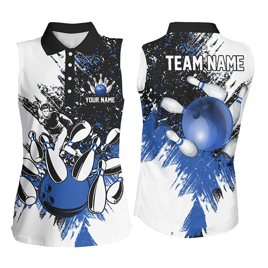 Black and White Women Sleeveless Polo Shirts Custom bowling jerseys, girls bowling outfit | Blue NQS8430