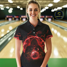 Load image into Gallery viewer, Women bowling polo, 1/4 zip shirts Custom red flame skull bowling team jerseys, gift for Bowlers NQS10612