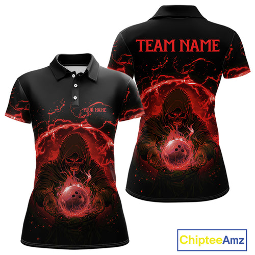 Women bowling polo, 1/4 zip shirts Custom red flame skull bowling team jerseys, gift for Bowlers NQS10612