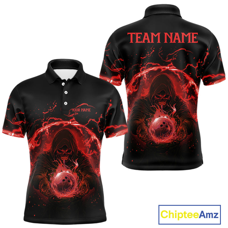 Mens bowling polo, 1/4 zip shirts Custom red flame skull bowling team jerseys, gift for Bowlers NQS10612