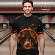 Load image into Gallery viewer, Mens bowling polo, 1/4 zip shirts Custom orange flame skull bowling team jerseys, gift for Bowlers NQS10613