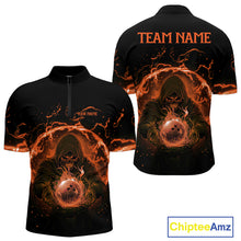 Load image into Gallery viewer, Mens bowling polo, 1/4 zip shirts Custom orange flame skull bowling team jerseys, gift for Bowlers NQS10613