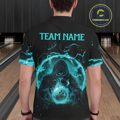 Mens bowling polo, 1/4 zip shirts Custom cyan blue flame skull bowling team jerseys, gift for Bowlers NQS10614