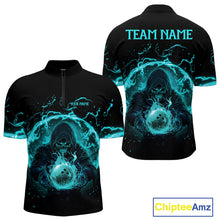 Load image into Gallery viewer, Mens bowling polo, 1/4 zip shirts Custom cyan blue flame skull bowling team jerseys, gift for Bowlers NQS10614