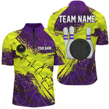 Load image into Gallery viewer, Yellow and Purple Grunge Camo Heartbeat Bowling Polo, 1/4 Zip Shirt For Men Custom Bowling Team Jersey NQS8670