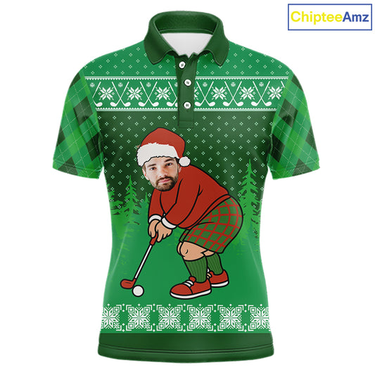Personalized Funny Face Christmas Golf Green argyle Santa Golfer Ugly matching golf polos for couples NQS11021