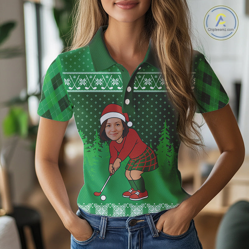 Personalized Funny Face Christmas Golf Green argyle Santa Golfer Ugly matching golf polos for couples NQS11021