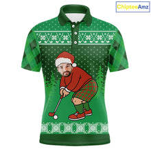 Load image into Gallery viewer, Personalized Funny Face Christmas Golf Green argyle Santa Golfer Ugly matching golf polos for couples NQS11021