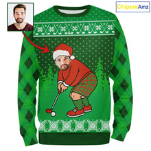 Load image into Gallery viewer, Personalized Funny Face Christmas Golf Green argyle pattern Custom Funny Santa Golfer Ugly Sweatshirt NQS11021
