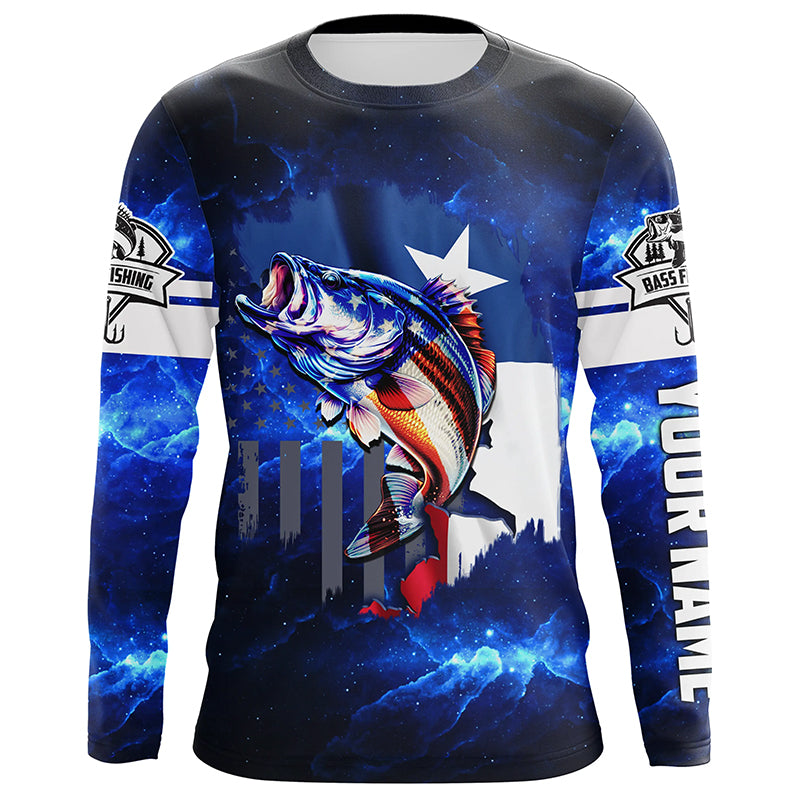 Texas Flag TX Bass Fishing US blue galaxy shirts for men custom Performance Long Sleeve UV protection NQSD100