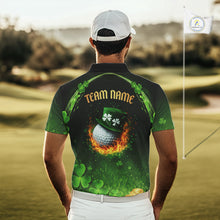 Load image into Gallery viewer, Flame golf ball green shamrock St Patrick's Day Men Golf Polo Shirts Custom lucky golf attire for men NQS11413