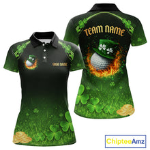 Load image into Gallery viewer, Flame golf ball green shamrock St Patrick's Day Custom couple matching men and womens golf shirts NQS11413