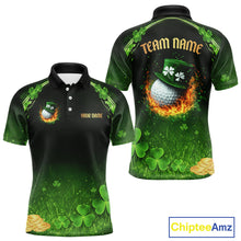 Load image into Gallery viewer, Flame golf ball green shamrock St Patrick's Day Custom couple matching men and womens golf shirts NQS11413