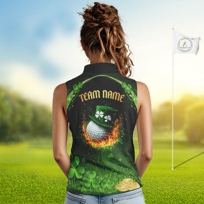 Flame golf ball green shamrock St Patrick's Day ladies sleeveless golf tops Custom lucky golf attire NQS11413