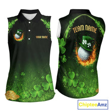 Load image into Gallery viewer, Flame golf ball green shamrock St Patrick's Day ladies sleeveless golf tops Custom lucky golf attire NQS11413