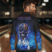 Load image into Gallery viewer, Blue Flame Smoke American Flag Eagle Skull Mens Bowling Shirts Custom Patriotic Bowling Team Jersey NQS9659