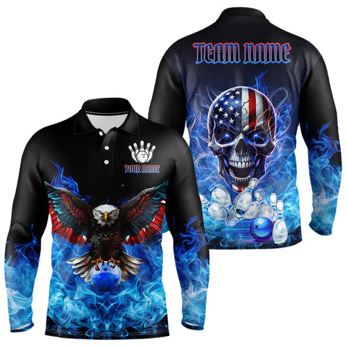 Blue Flame Smoke American Flag Eagle Skull Mens Bowling Shirts Custom Patriotic Bowling Team Jersey NQS9659
