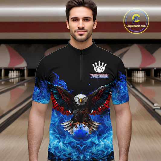Blue Flame Smoke American Flag Eagle Skull Mens Bowling Shirts Custom Patriotic Bowling Team Jersey NQS9659