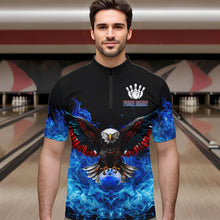 Load image into Gallery viewer, Blue Flame Smoke American Flag Eagle Skull Mens Bowling Shirts Custom Patriotic Bowling Team Jersey NQS9659
