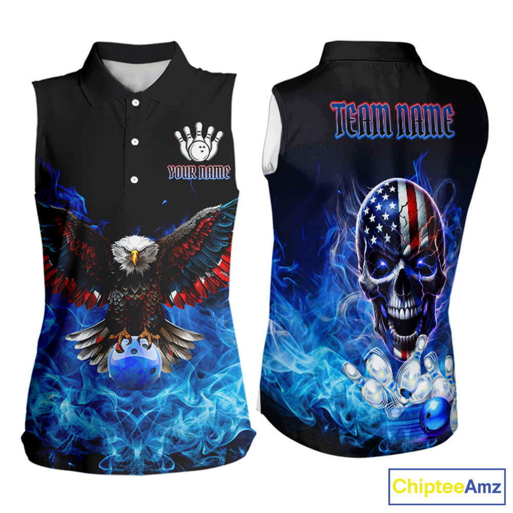 Blue Flame Smoke American Flag Eagle Skull Bowling Sleeveless Polos Custom Patriotic Bowling Jersey NQS9659