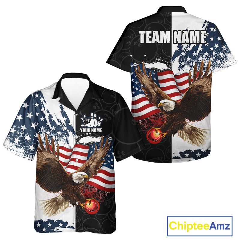American Flag Eagle Bowling Hawaiian shirt Custom Patriotic Black Camo Bowling Team Jerseys NQS9863