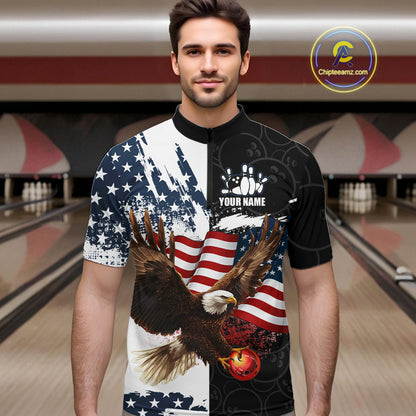 Red, White, Blue American Flag Eagle Men Bowling Shirt Custom Patriotic Black Camo Bowling Team Jersey NQS9863