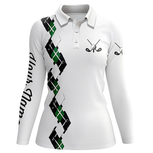 White Womens golf polo shirts custom name green and black plaid, best golf gifts for ladies NQS5686