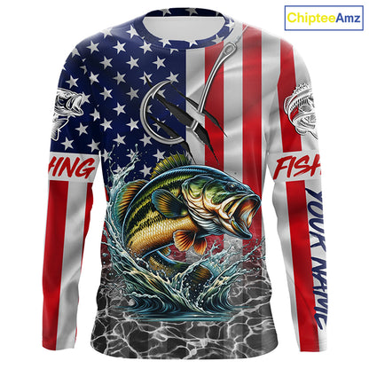 American Flag Bass Fish hook Custom long sleeve performance Fishing Shirts, Bass Fishing jerseys NQS5690