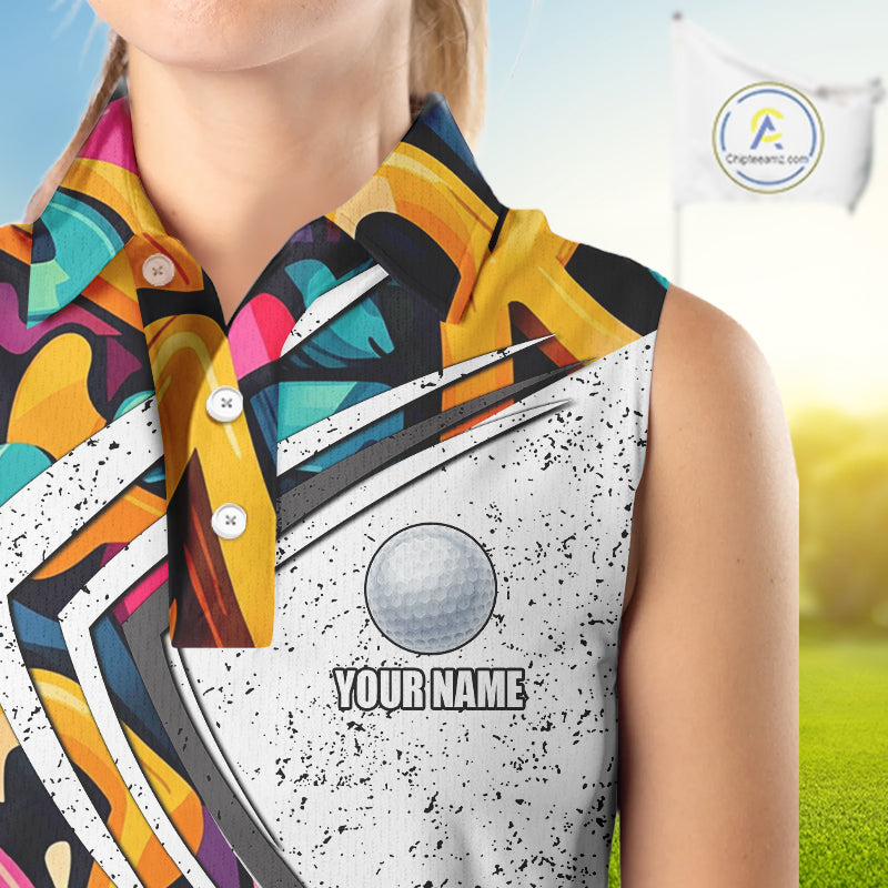 Women sleeveless golf polo shirts colorful pattern custom team golf shirts, golf tops for ladies NQS10088