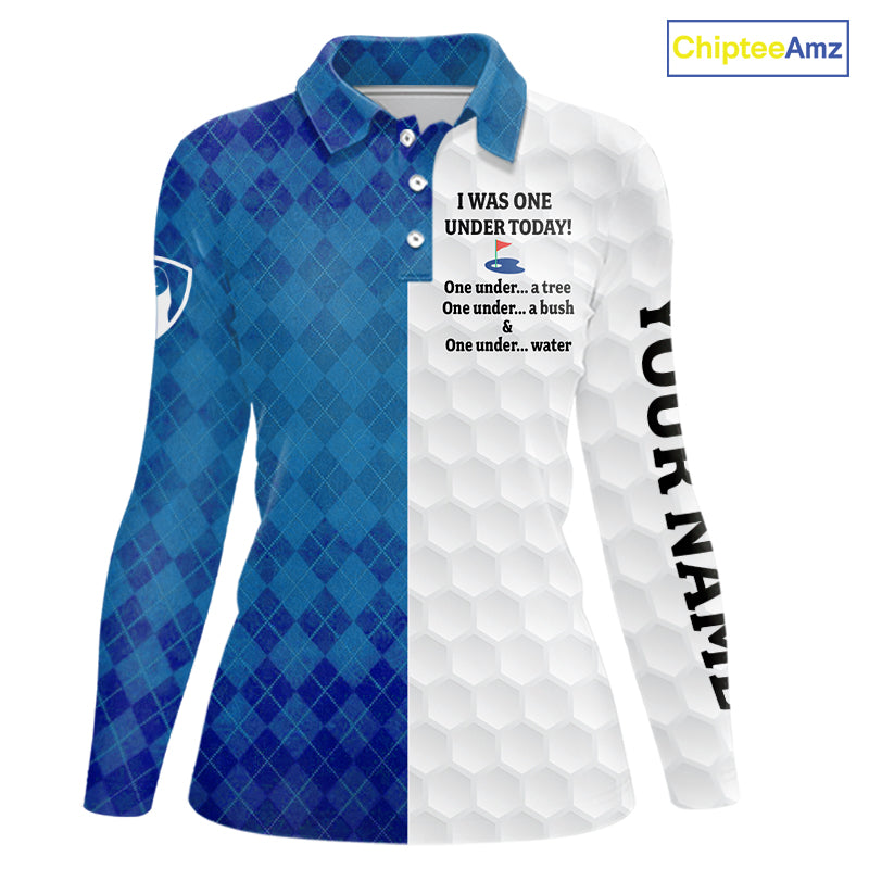 Blue argyle white Women golf polo shirt custom I was one under today one under a tree, a bush & water NQS10090
