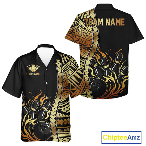 Custom Black And Gold Flame tribal pattern Bowling Team Hawaiian shirt, Bowling Button up shirt NQS10093