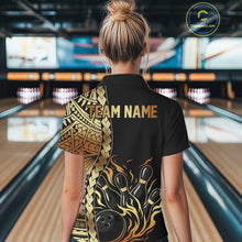 Load image into Gallery viewer, Custom Black And Gold Flame tribal pattern Bowling Team Polo, 1/4 Zip Shirt For Women, Bowling Jersey NQS10093