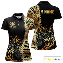 Load image into Gallery viewer, Custom Black And Gold Flame tribal pattern Bowling Team Polo, 1/4 Zip Shirt For Women, Bowling Jersey NQS10093